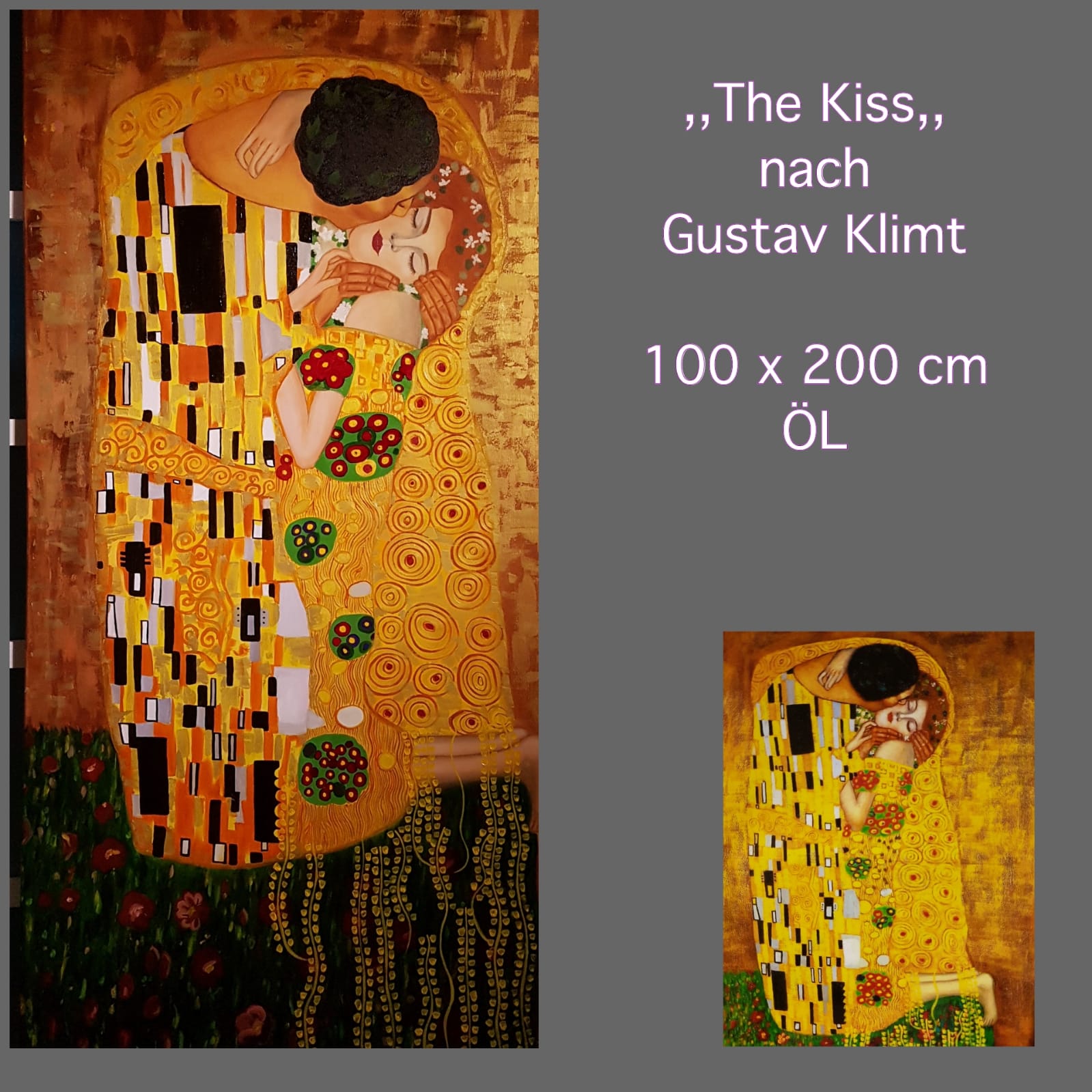 THE KISS nach Gustav Klimt, Öl 100x200 cm